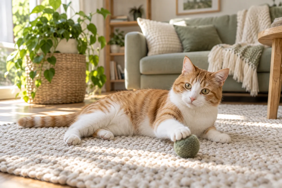 An orange and white cat playing on a soft rug at home