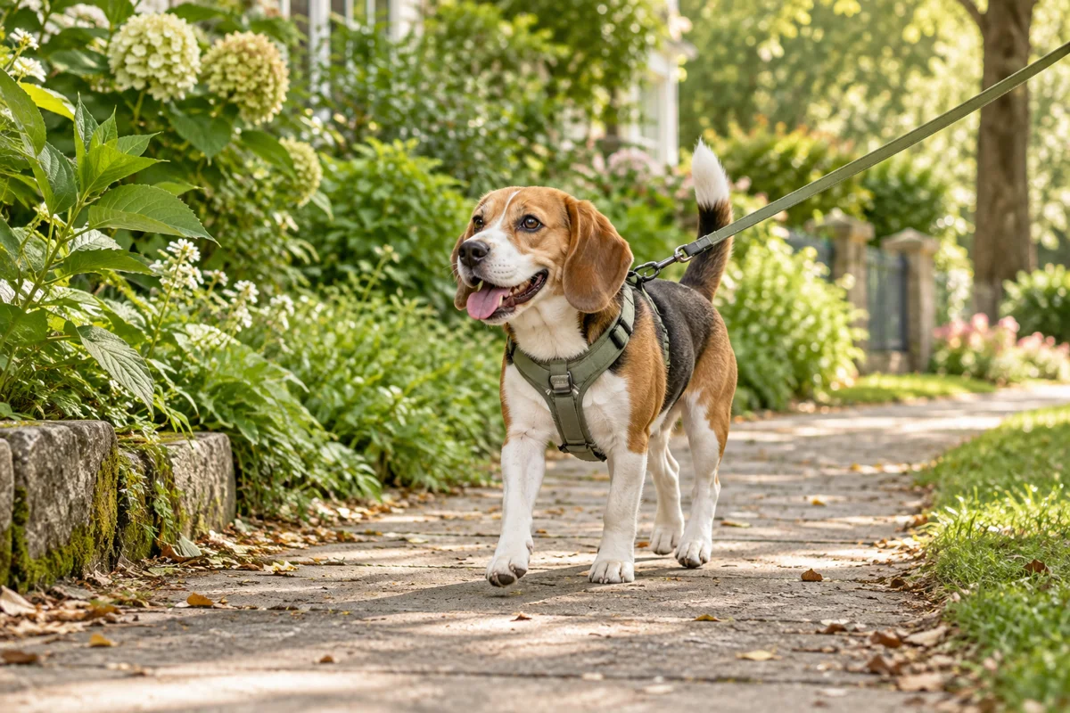 A beagle walking along a leafy garden path